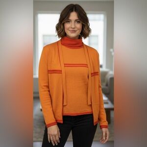ANNAPURNA Orange Cashmere Silk Sleeveless Turtleneck Open Cardigan Set Large